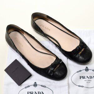 Prada Antic Soft 3 Black Leather Ballet Flats Bow Logo Sz US 9